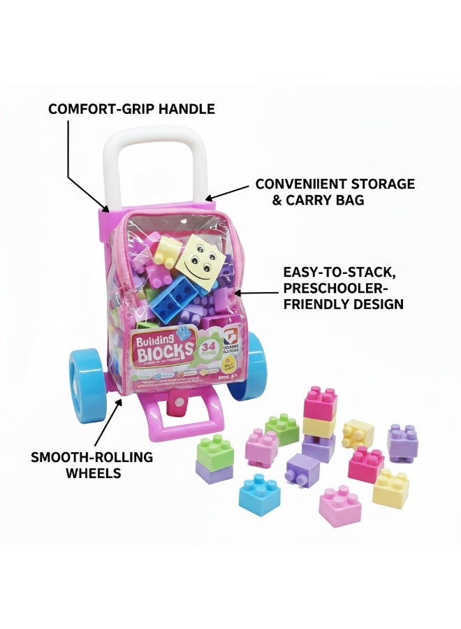 توي لاند لعبة عربة مكعبات بناء للأطفال بعجلات ومقبض حمل | مجموعة مكعبات بناء ملونة مكونة من 34 قطعة - Image 3